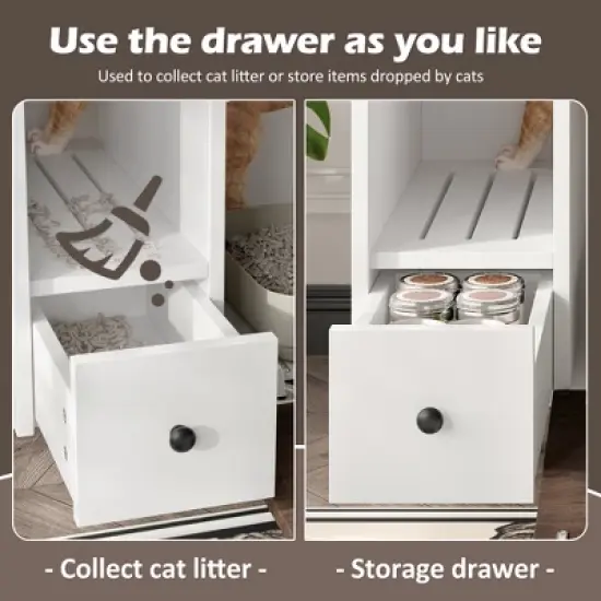 JUJABU Indoor Hidden Cat Litter Box Furniture with 2 Drawers & Door, Cat House End Table for Living Room - White & Brown image {4}