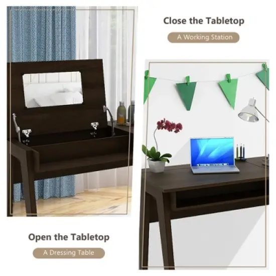 Costway Vanity Table with Flip Mirror Writing Computer Desk Storage Drawer Walnut image {6}