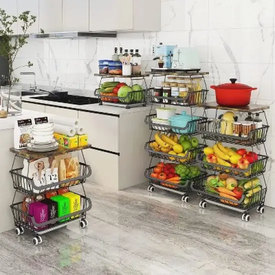 4 Tier Fruit Storage Basket,Kitchen Storage Rack with Rollers for Pantry image {4}
