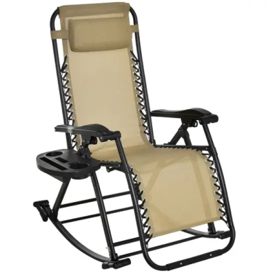 Outsunny Zero Gravity Reclining Rocking Chair, Lounge Rocker, Folding, Pillow, Side Tray, Cup and Phone Holder image {9}