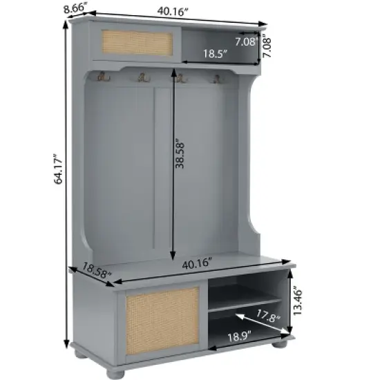 TIRAMISUBEST Casual Hall Tree with Rattan Doors & Shoe Storage - Gray Entryway Organizer Bench image {2}