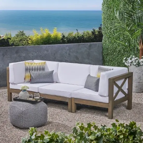 GDFStudio Keith 90.75" Outdoor Acacia Wood 3 Seater Sofa with Cushions image {10}