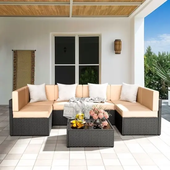 Pamapic 7-Piece Wicker Outdoor Sectional Set with Coffee Table and Cushions image {1}