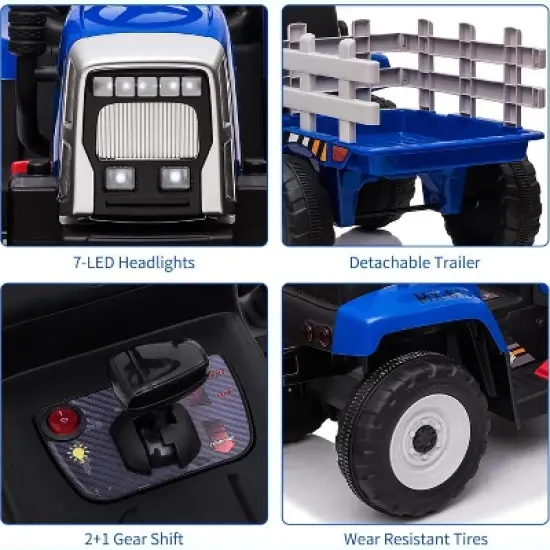 12V Kids Electric Tractor with Trailer, Battery Powered Ride-On Car for Toddlers 3-6, Remote Control, 7 LED Headlights, 2+1 Gear Shift image {2}