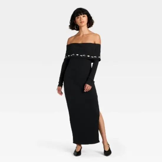 Latino Heritage Month Women's Long Sleeve Off the Shoulder Maxi Bodycon Dress - Black image {4}