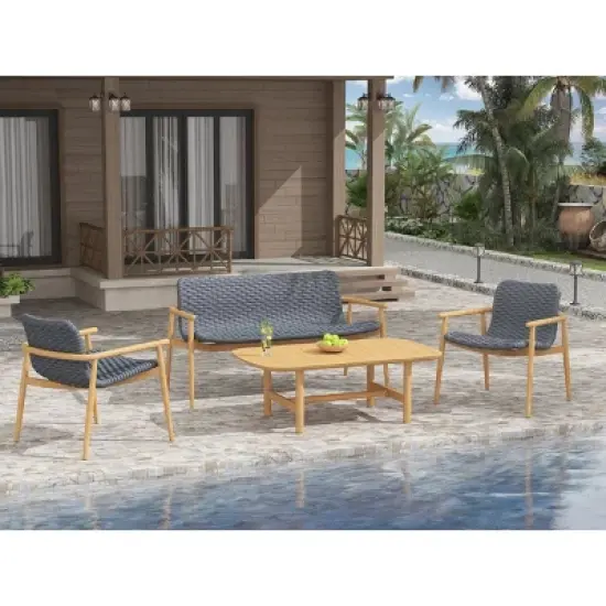 Layout Optimized Outdoor Seating Ensemble 4Piece Sofa & Armchair Set w/ Grid Weave & Planked Table image {6}