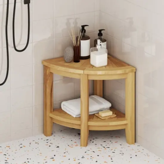 Tangkula Corner Shower Stool Teak Wood Shower Bench w/ Storage Shelf Bathroom Foot Stool image {1}