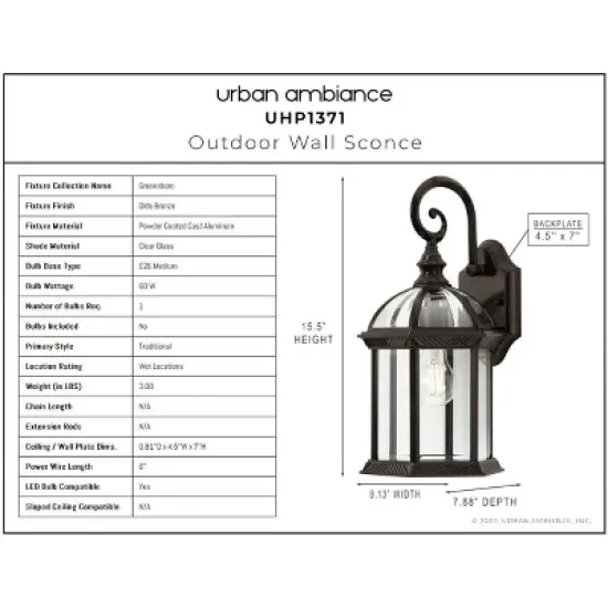 Urban Ambiance Luxury Transitional Outdoor Wall Sconce 15.5''H x 8.125''W,  Olde Bronze Finish,  Greensboro Collection, UHP1371 image {3}