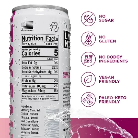 LMNT Zero-Sugar Black Cherry Sparkling Electrolyte Drink - 12 fl oz image {1}