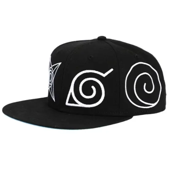 Naruto Anime Cartoon Crown & Omni Village Symbol Logos Black Fitted Hat For Men image {2}