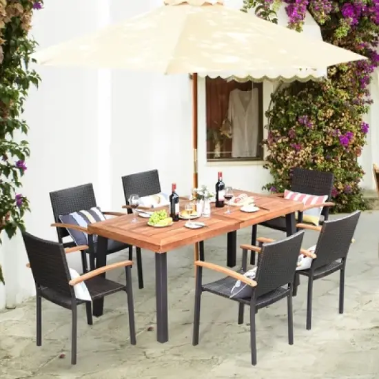 Costway 7PCS Patio Rattan Dining Set Acacia Wood Table Top Stackable Chairs image {1}