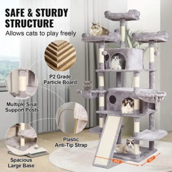 VEVOR Cat Tree for Indoor Cats, 68.5" Cat Tower with 2 Cat Condos, Sisal Scratching Post, Hammocks, Top Perches, Cat Furniture Activity Center image {6}