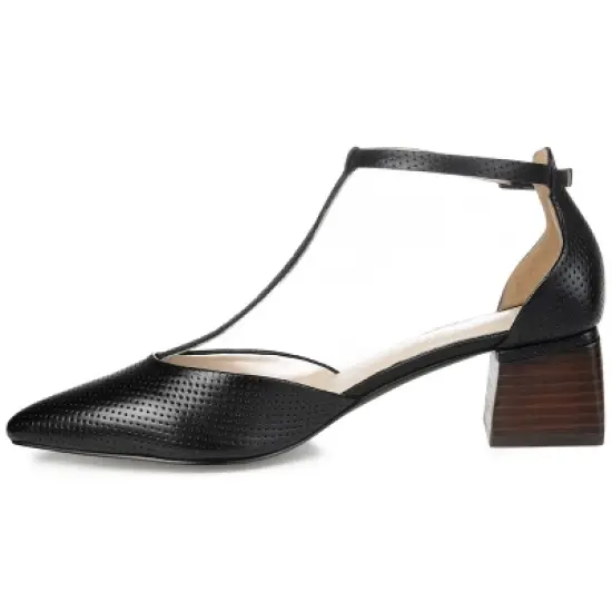 Journee Signature Womens Genuine Leather Cameela Buckle Low Stacked Heel Almond Toe Pumps image {1}