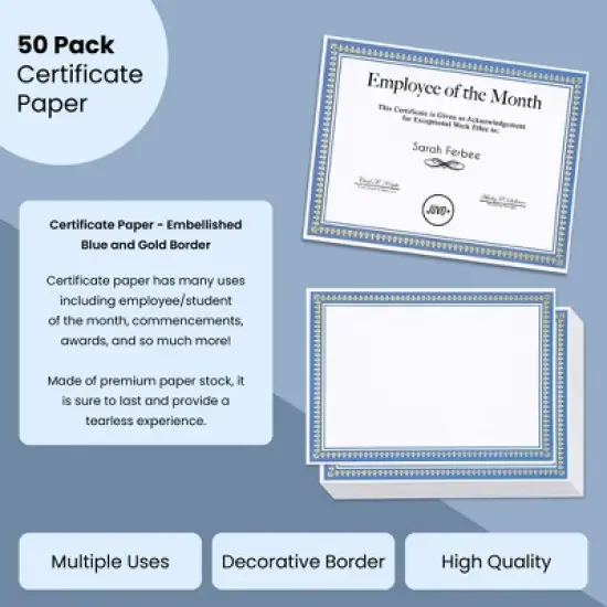 Best Paper Greetings 50 Pack Blank Award Certificate Sheets, Blue/Gold Border for Printing Graduation Diploma Paper, White, 8.5 x 11 inch image {3}