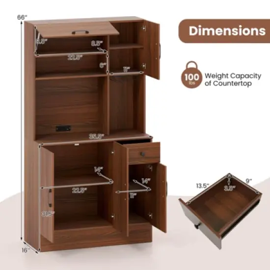 Costway 66" Pantry Cabinet Tall Kitchen Storage Cabinet with Charging Station Brown image {2}