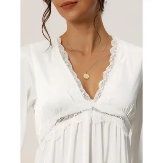 cheibear Womens Satin Nightgowns Long Sleeve Lace Trim V-Neck Pajama Dress image {3}