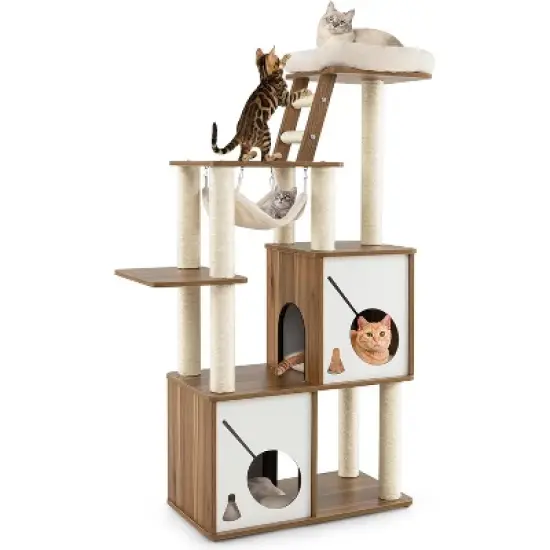 Tangkula Modern Cat Tree 57" Wood Cat Tower with Sisal Scratching Posts Padded Top Perch 2 Cat Condos Hanging Hammock & Climbing Ladder image {9}