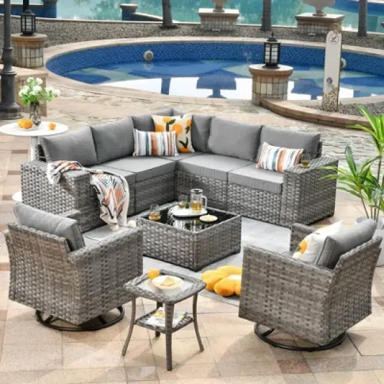 Marlton 9pc Wicker Outdoor Patio Furniture Set Conversation Sofa Sectional with Swivel Chairs and Cushions image {17}