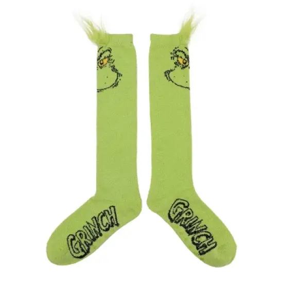 The Grinch Character Face Women's Green Chenille Knee High Socks image {1}