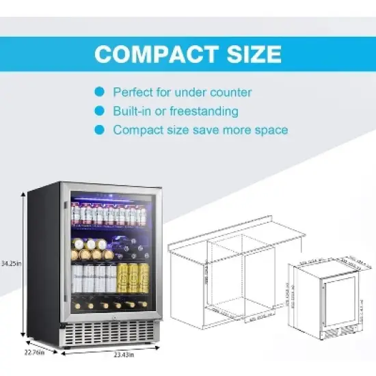 R.W.FLAME 24 Inch Beverage Fridge with Clear Glass Door, Digital Memory Temperature Control, for Cans and Soda, LED Lighting, Quiet Operation image {5}