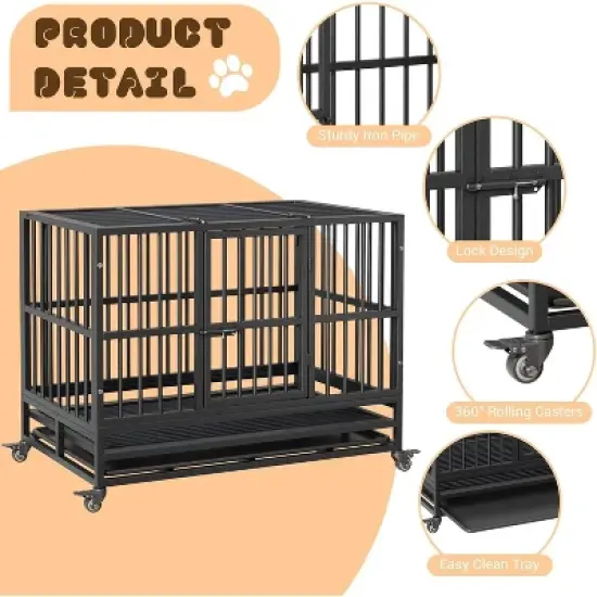 Heavy Duty Indestructible Dog Crate Steel Escape Proof, Indoor Dog House High Anxiety Cage, Kennel with Wheels, Removable Tray image {3}