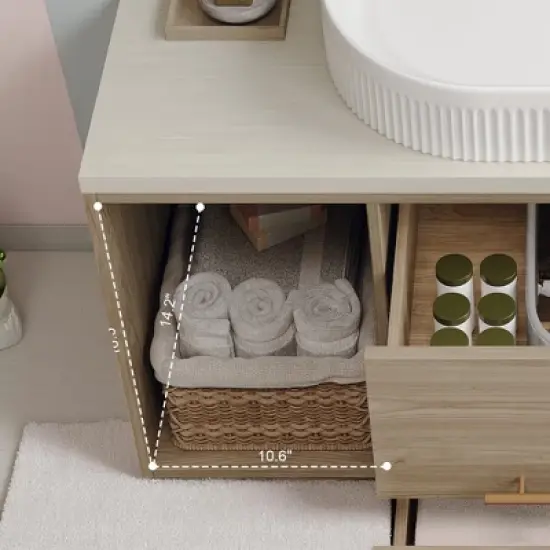 Mshliw 40 Inch Wall Mounted Bathroom Vanity with Oval Ceramic Sink, Floating Solid Wood Cabinet and Open Shelf Storage image {2}