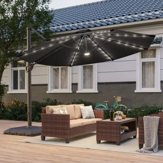 Sonkuki Outdoor 11Ft Aluminum LED Cantilever Patio Umbrella with Base for Patio Deck Garden image {12}