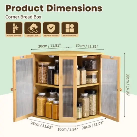 Unique Bargains Bamboo Acrylic Wavy Double Door Panel Large Corner Bread Container Natural Wood image {1}