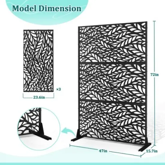 TOAOTBNBO Metal Privacy Screen with Stand, Decorative Privacy Fence Panels with Leaf Pattern, Outdoor Privacy Screen for Garden, Black image {2}