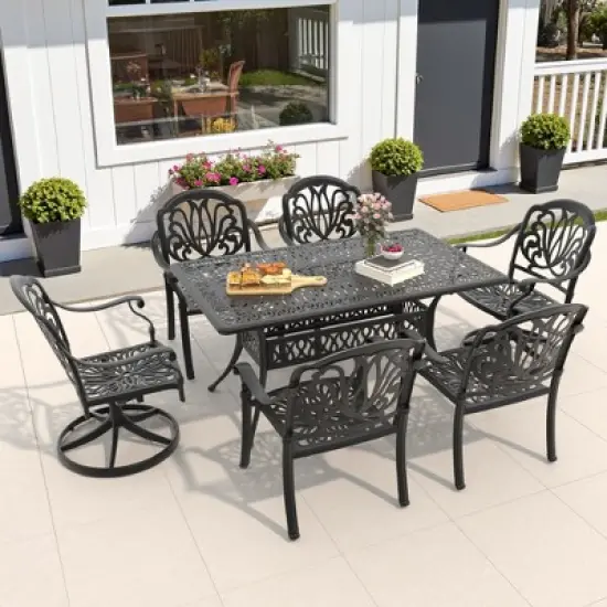 6-Person Cast Aluminum Patio Dining Set with Rectangle Table, 2 swivel chairs and 4 fixed dining chairs, Brown Cushions and Umbrella Hole image {1}