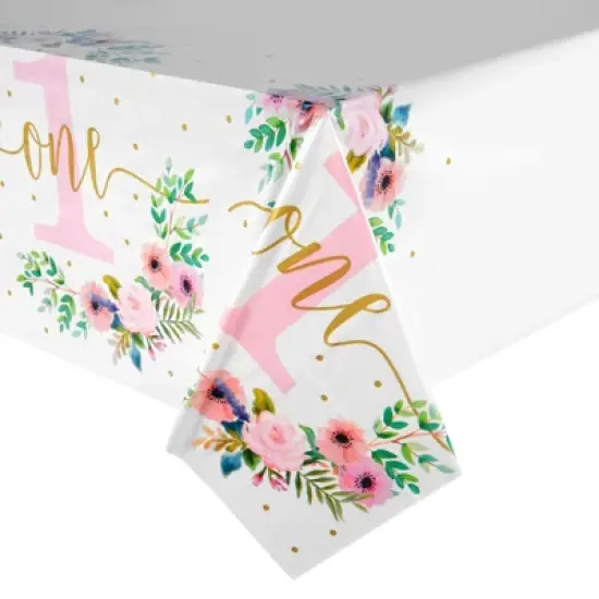Sparkle and Bash 3 Pack Floral Plastic Tablecloth, Baby Girls First Birthday Decorations, 54x108 in image {5}