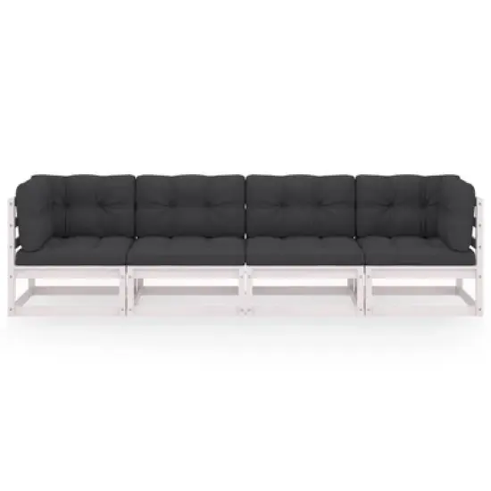 vidaXL 4-Seater Patio Wooden Sofa with Cushions - Solid Pinewood Construction, Easy to Clean, White Patio Sofa with Anthracite Cushions image {2}