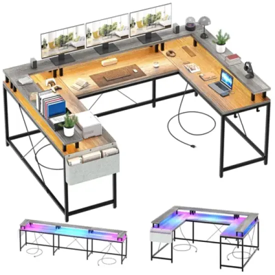 U Shaped Computer Gaming Desk, 79&rsquo;&rsquo; Reversible l Shaped Computer Desk with Power Outlet & LED Strip, Office Desk with Monitor Stand image {11}