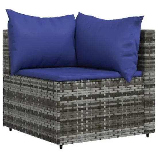 vidaXL 3-Piece Outdoor Lounge Set in Gray Poly Rattan with Blue Cushions - Includes Glass-Top Coffee Table, Modular Design, and Comfortable Seating image {3}