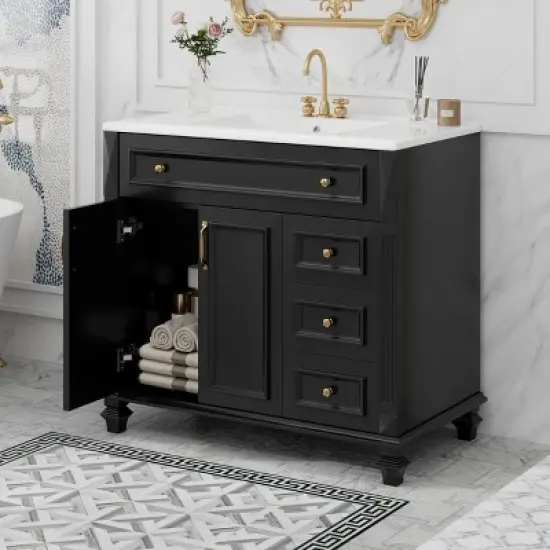 36" Bathroom Vanity with Sink, White Vanity Cabinet with Flip-Out Drawer, 3 Drawers, 2 Soft-Close Doors image {1}