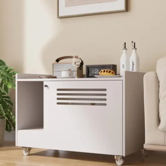 TiramisuBest White Hidden Cat Litter Box Enclosure with Top/Side Fence, Wooden Pet House Side Table for Living Room/Bedroom, Fits Most Litter Boxes image {9}