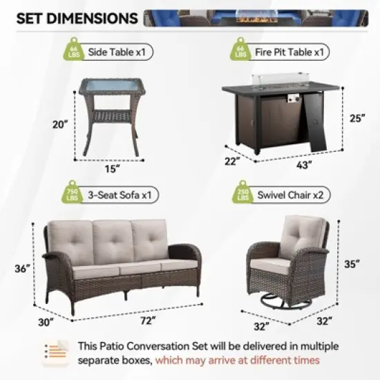 Buenhomino 5PCS Outdoor Patio Furniture Set with Fire Pit,Wicker Patio Conversation Sets with 43" Propane Fire Pit Table,Swivel Rocking Chairs image {2}