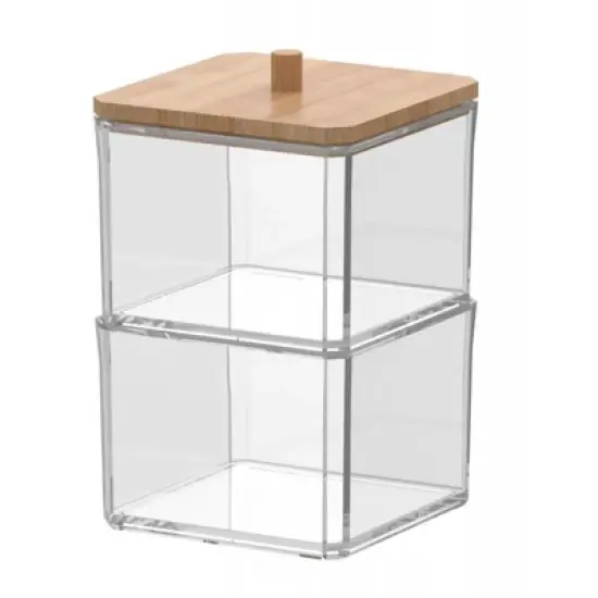 Acrylic Q tip Dispenser with Bamboo Lid, 2 Tier Stackable Square Cotton Swab & and Ball Organizer for Bathroom or Vanity, Compact Apothecary Jar image {3}