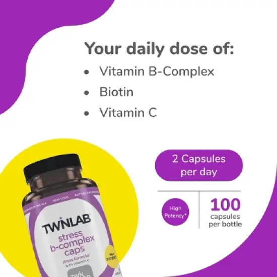 Twinlab Stress B-Complex Caps - Energy Support Supplement with Vitamin B12 and B6 - 100 Capsules (Pack of 2) image {2}