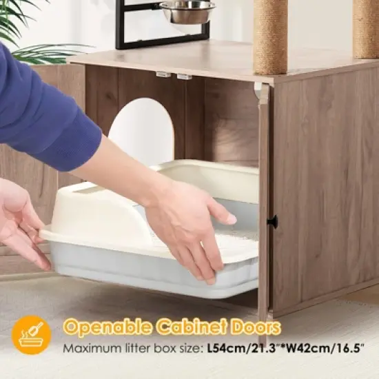 Cat Tree with Litter Box Enclosure - Modern Cat Condo with Scratching Posts, Feeding Bowl & Removable Pompom Sticks, Gray image {4}