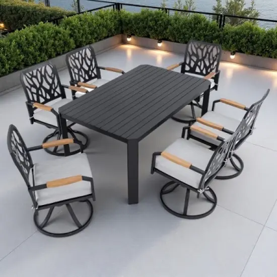 7-Piece Outdoor Patio Aluminum Dining Set with 59" Rectangular Table, 6 Swivel Rocker Chairs, and Umbrella Hole image {10}