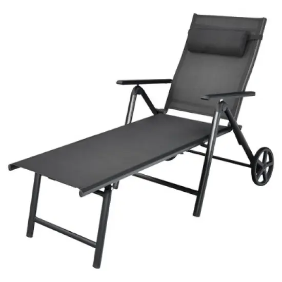 Costway  Patio Lounge Chair W/ Wheels Neck Pillow Aluminum Frame Adjustable image {2}