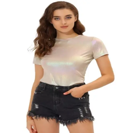 Allegra K Women's Party Metallic Textured Short Sleeve Shiny T-shirts image {9}