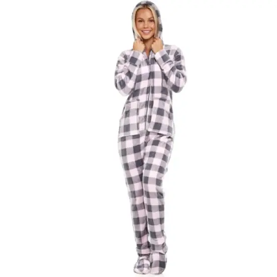 Women's Warm Fleece One Piece Hooded Footed Zipper Pajamas, Soft Adult Onesie Footie with Hood for Winter image {17}
