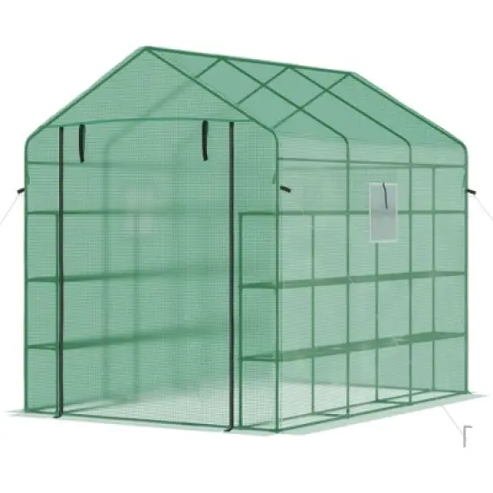 Outsunny 8' x 6' x 7' Walk-in Greenhouse, 18 Shelf Hot House, Roll Up Zipper Door, UV protective for Flowers, Herbs, Vegetables, Green image {3}
