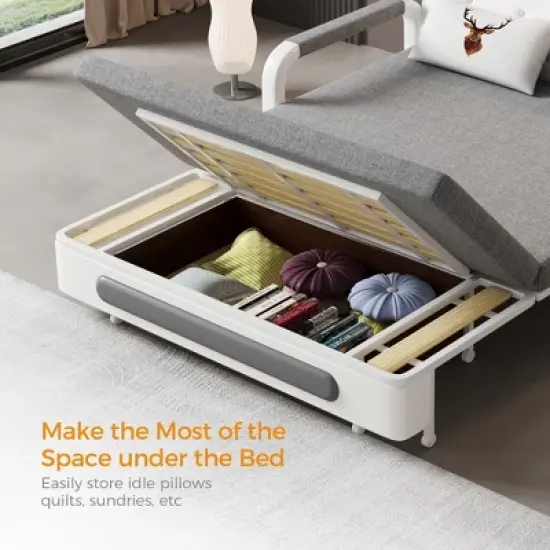 Luck Live Modern Patio Sofas 62.2in extendable pull Outdoor Sofa bed,Solid wood & White metal frame/Gray cushion with storage function image {8}