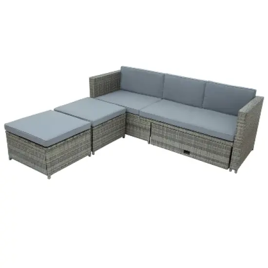 4pc Outdoor Wicker Conversation Sectional Set with Cushions - Gray - GODEER image {12}