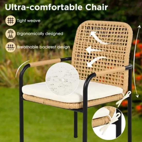 FIONECA 7-Piece Outdoor Wicker Patio Dining Set with Plastic-Wood Table Top, Umbrella Hole, Beige Cushions &uml;C Backyard, Garden & Poolside Furniture image {2}