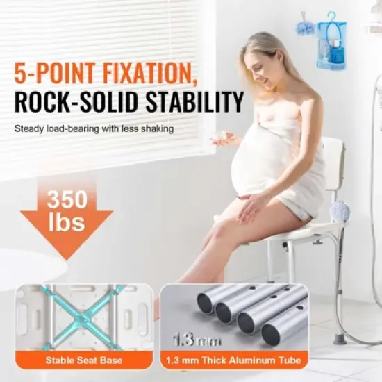 VEVOR Shower Chair, Shower Seat with Back, Adjustable Height Shower Stool, Shower Chair for Inside Shower Bathtub, 350 lbs Capacity, White image {2}