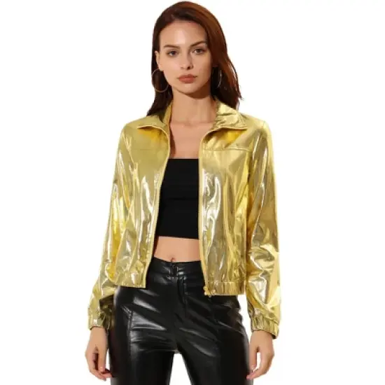 Allegra K Women's Track Holographic Shiny Long Sleeve Metallic Zip Front Jacket image {8}